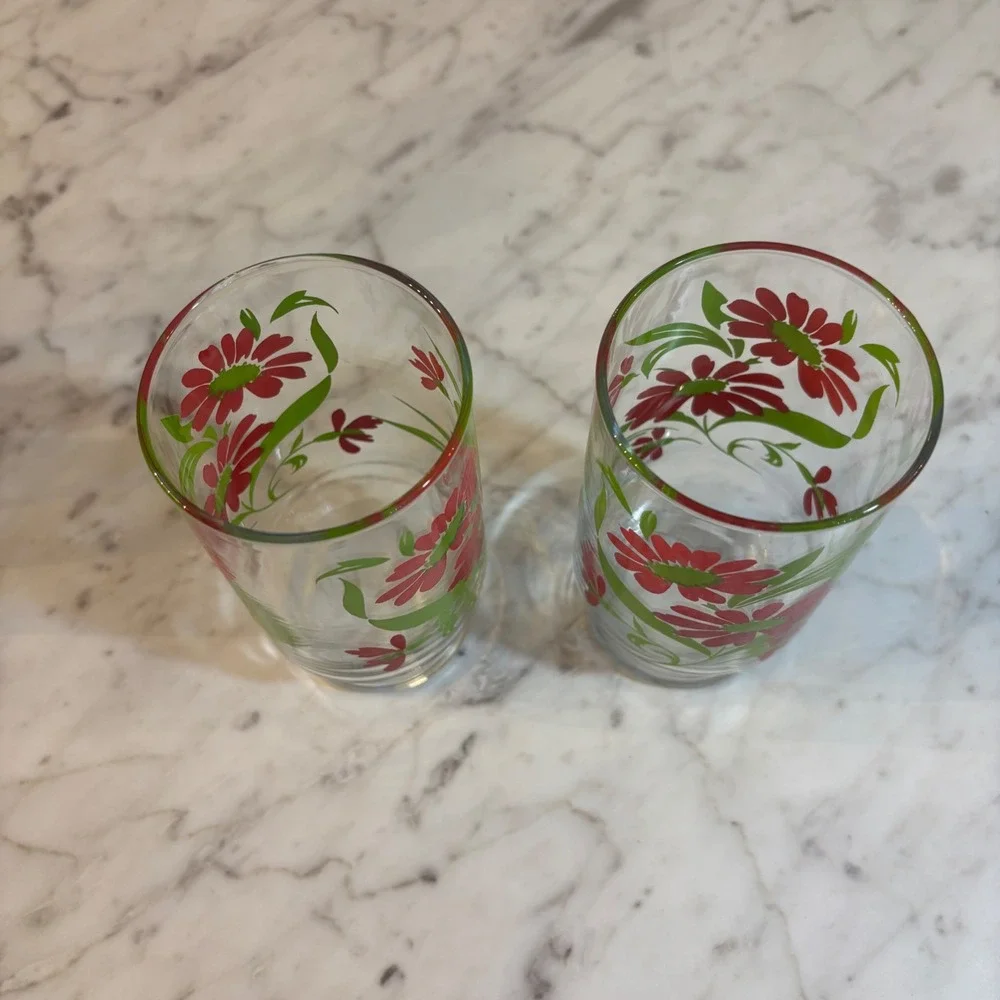 Vintage Libbey Red Daisy Floral Glasses Set of 2 Footed Juice Tumblers Retro
